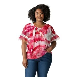 Old Navy Medium Top Handmade‎ Tie Dye Pink Lace Trim Flutter Sleeve Boho 1538